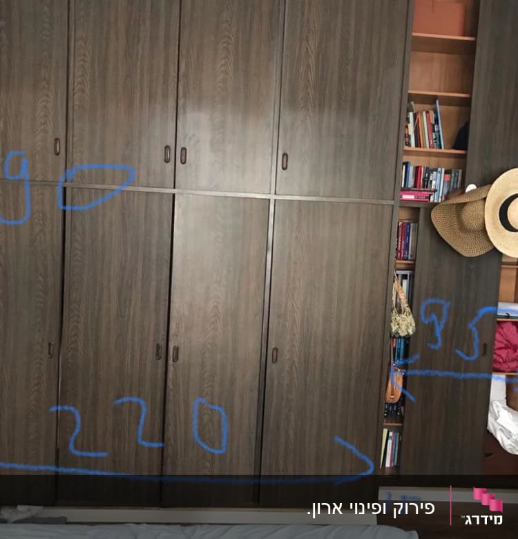 ארון עץ עם מדפים ודלתות סגורות